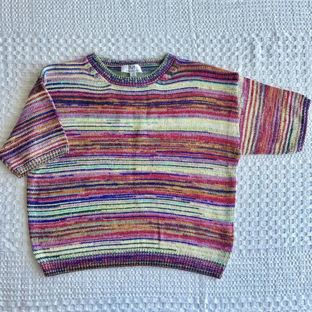 Magaschoni Colorful Knit Short Sleeve Sweater Rainbow Jumper, Women’s Size Large